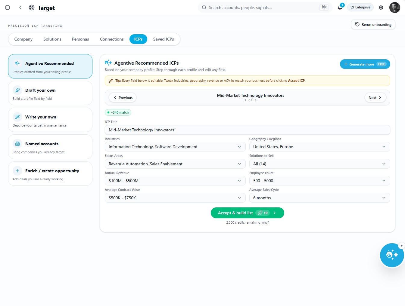 Agentive Target screen showing a recommended ICP with industries, geography, revenue, contract value and an accept action.