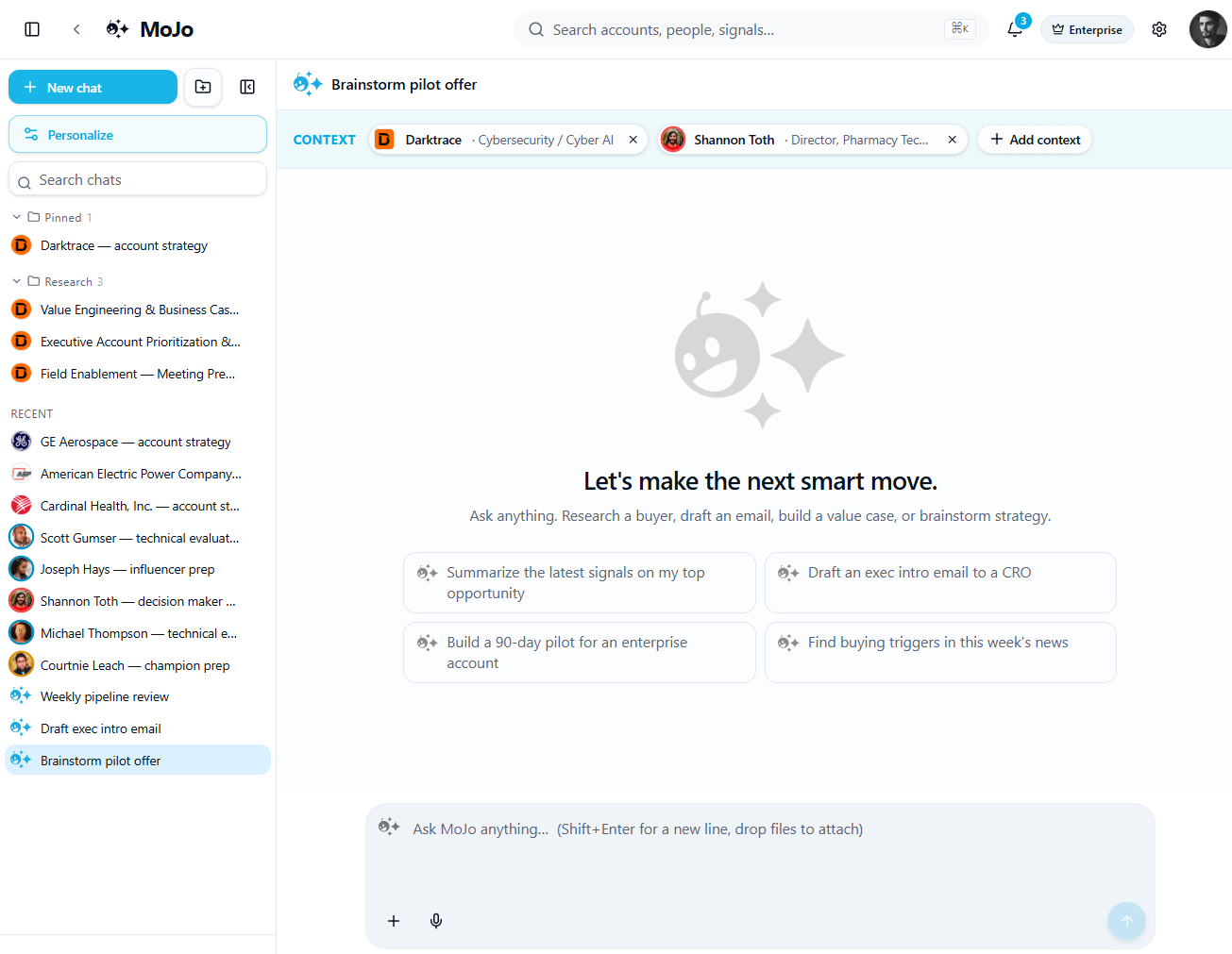 Agentive MoJo chat screen showing a brainstorm session for a pilot offer with context cards and suggested seller questions.