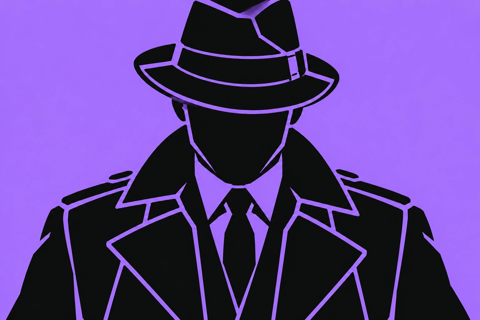 Black silhouette of a fedora-wearing detective on a vivid purple background