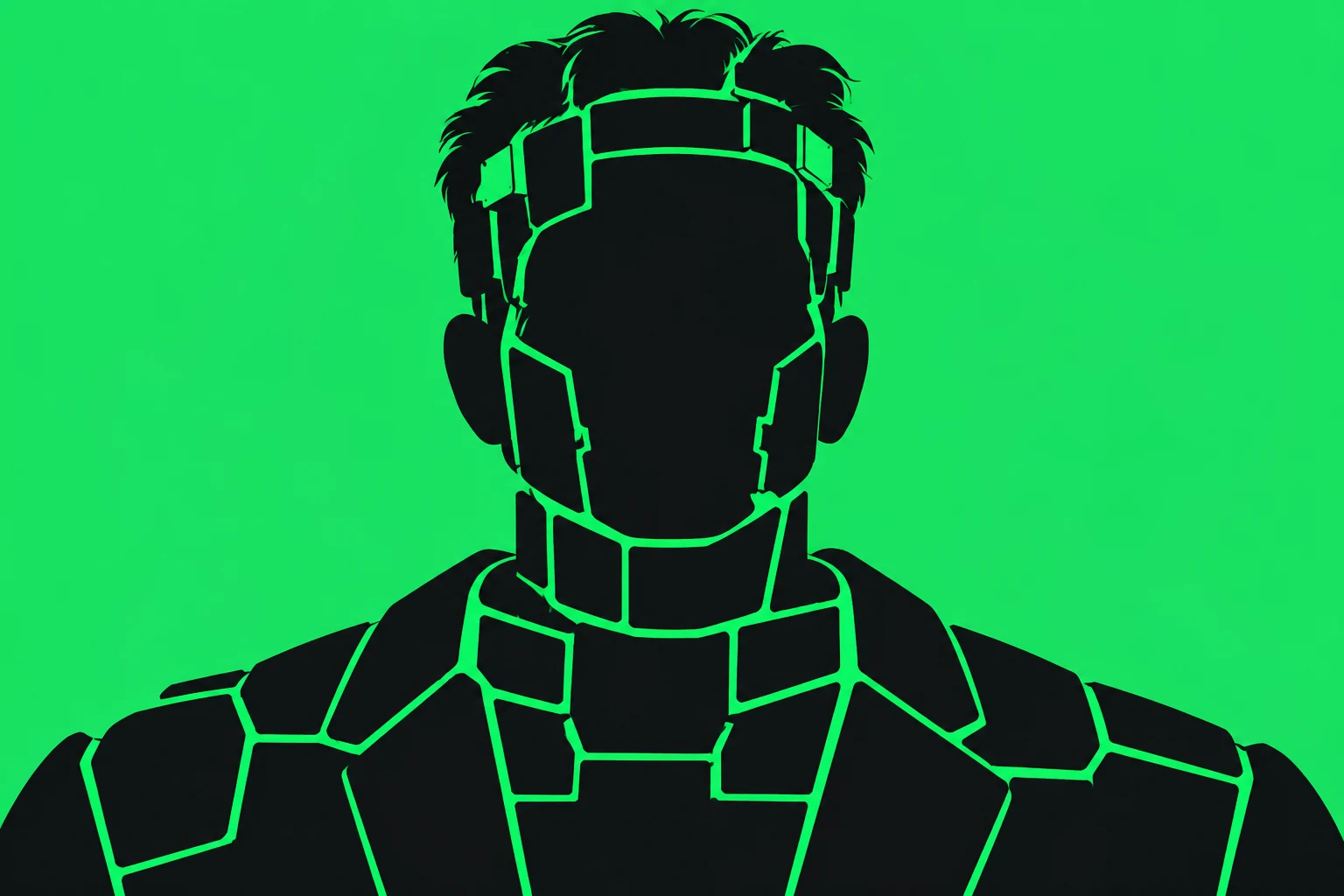 Frankenstein-inspired figure assembled from technology fragments in dark and vivid green